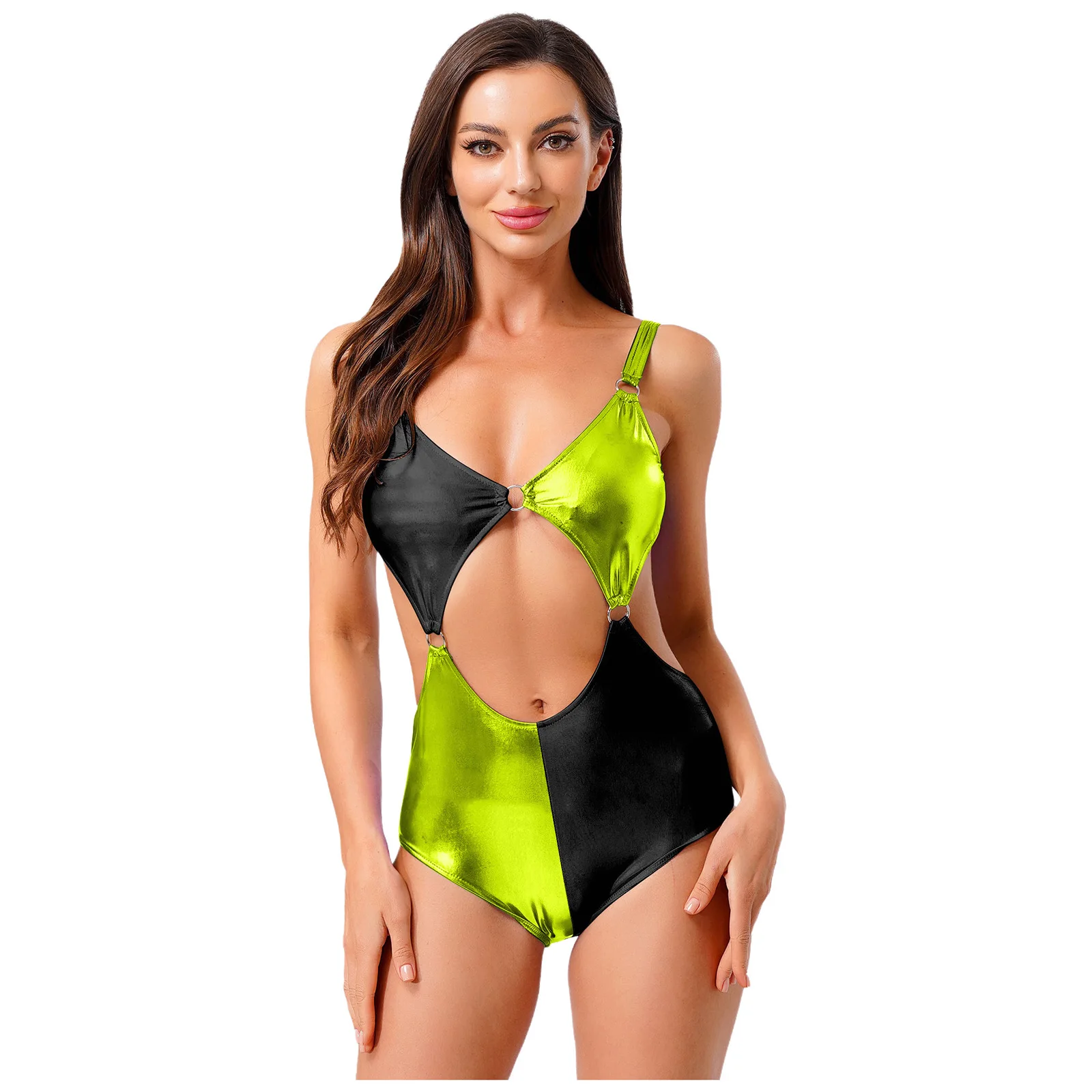 المرأة لامعة انقطاع القطب الرقص ارتداءها أكمام الجوف خارج O-حلقة مرتبطة حبال يوتار قطعة واحدة ملابس السباحة كلوبوير