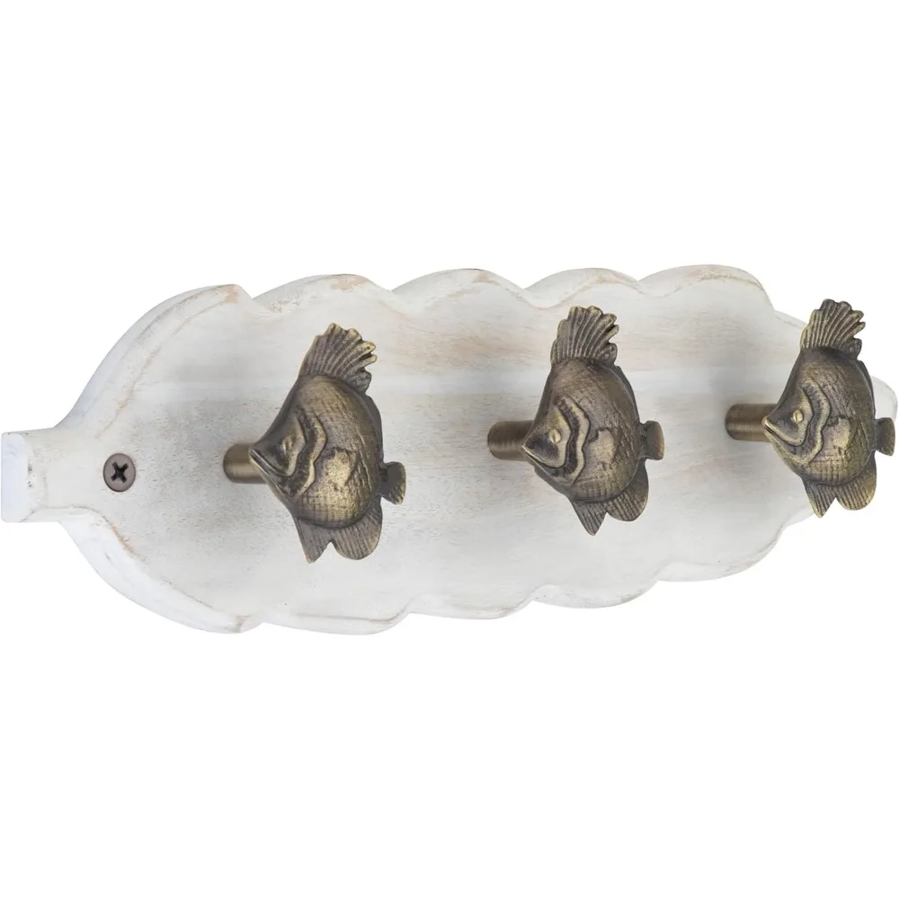 رف معطف عتيق مثبت على الحائط مع 3 خطافات نحاسية عتيقة - قاعدة خشبية بيضاء متعثرة، قبعة على الطراز البحري وسكة معطف #1