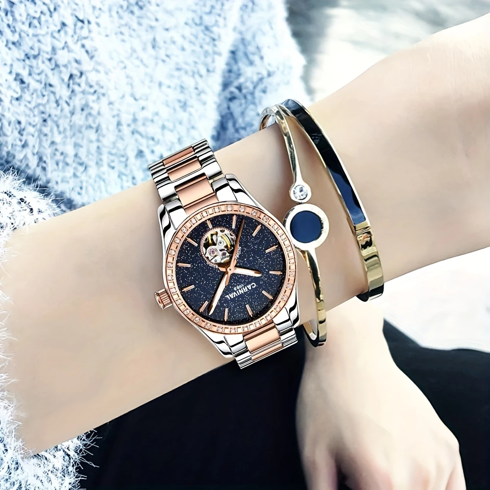 Switzerland CARNIVAL Luxury Brand Women's Automatic Mechanical Watches Diamond Dual Skeleton Waterproof Luminous Clock C8005L