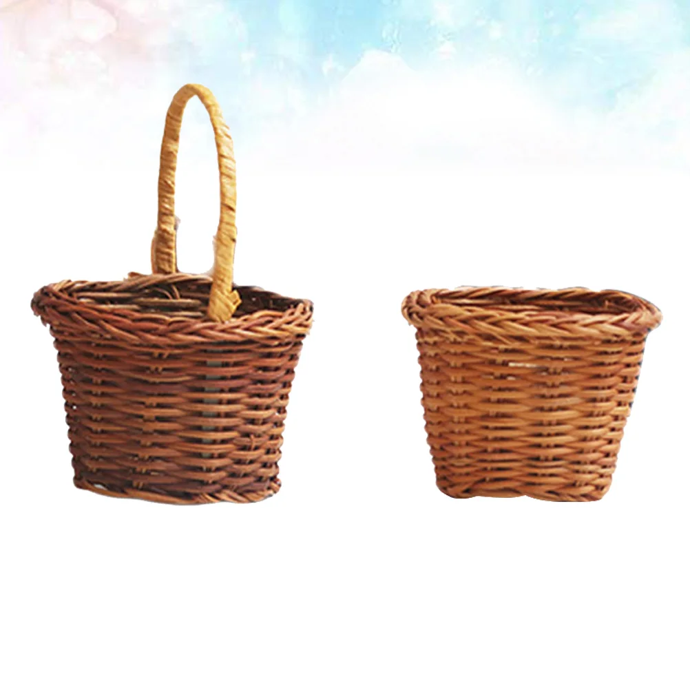 2 Pcs Mini Room Decor Basket Hamper to Weave Miniature Kids Toys Bamboo Wooden Child