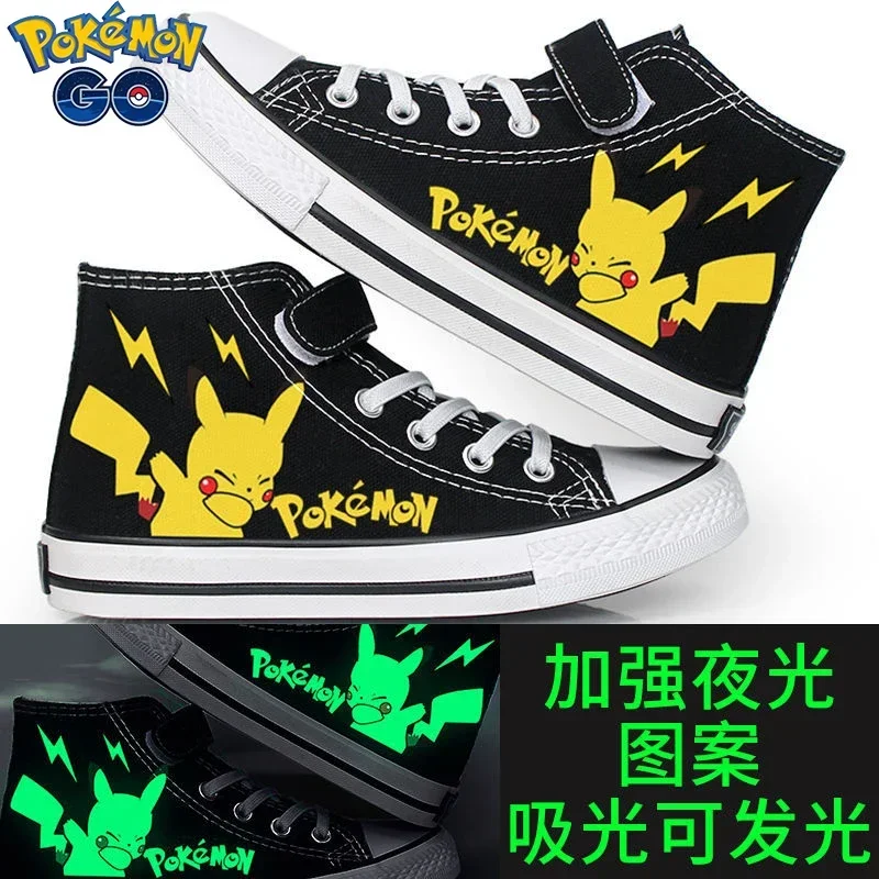 Pokemon Pikachu Children\'s high-top luminous Canvas Shoes Anime Print Low cut Canvas Casual Shoes Cartoon Cosplay Shoes Non-slip