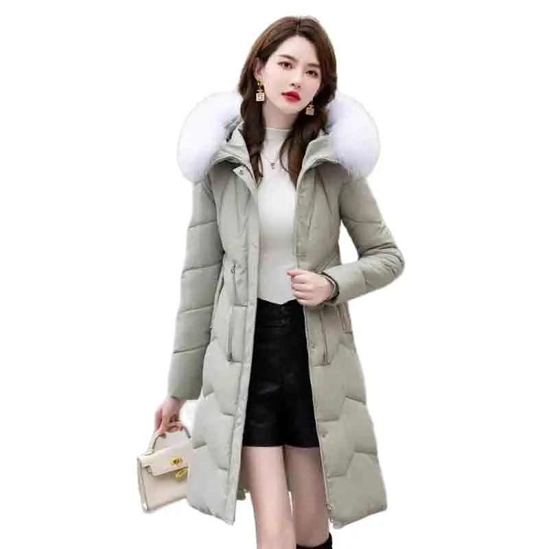 2022 Winter New Women's Hooded Waist DesignSslim Slim Fashion Fur Collar Long Warm High-grade DownJacket Pocket Coat FemaleTide