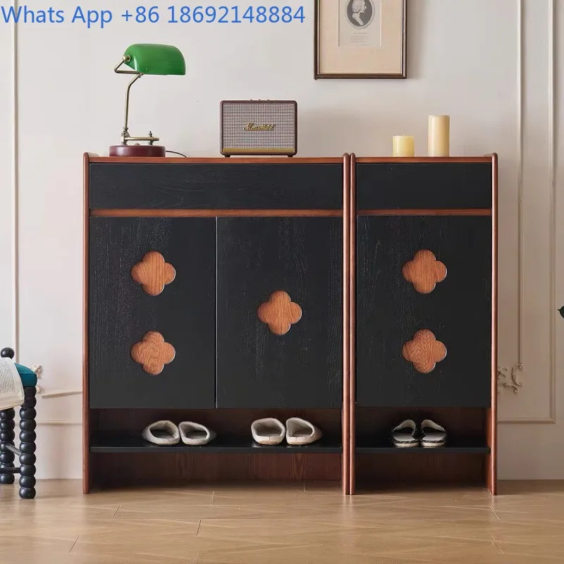 

French Retro Solid Wood Shoe Rack for Home Entrance, Shoe Cabinet for Hallway Large Capacity Storage Living Room Storage Cabinet