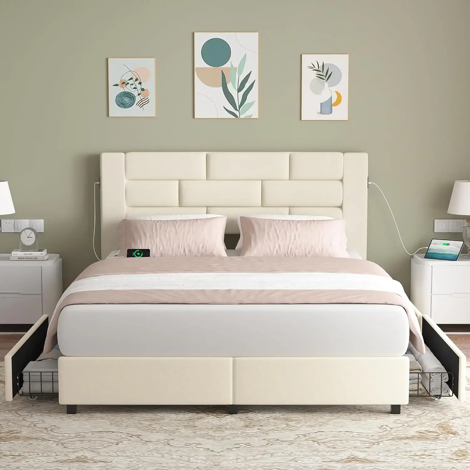 Estrutura de cama queen size VECELO com 4 gavetas de armazenamento, estrutura de cama de plataforma estofada com cabeceira de veludo e estação de carregamento,