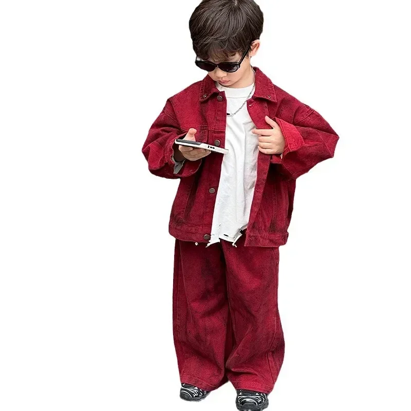 Children Clothes Boys Fashion Set 2024 Spring and Autumn New Handsome Red Denim Coat and Pants Boys Cool Two-piece Set