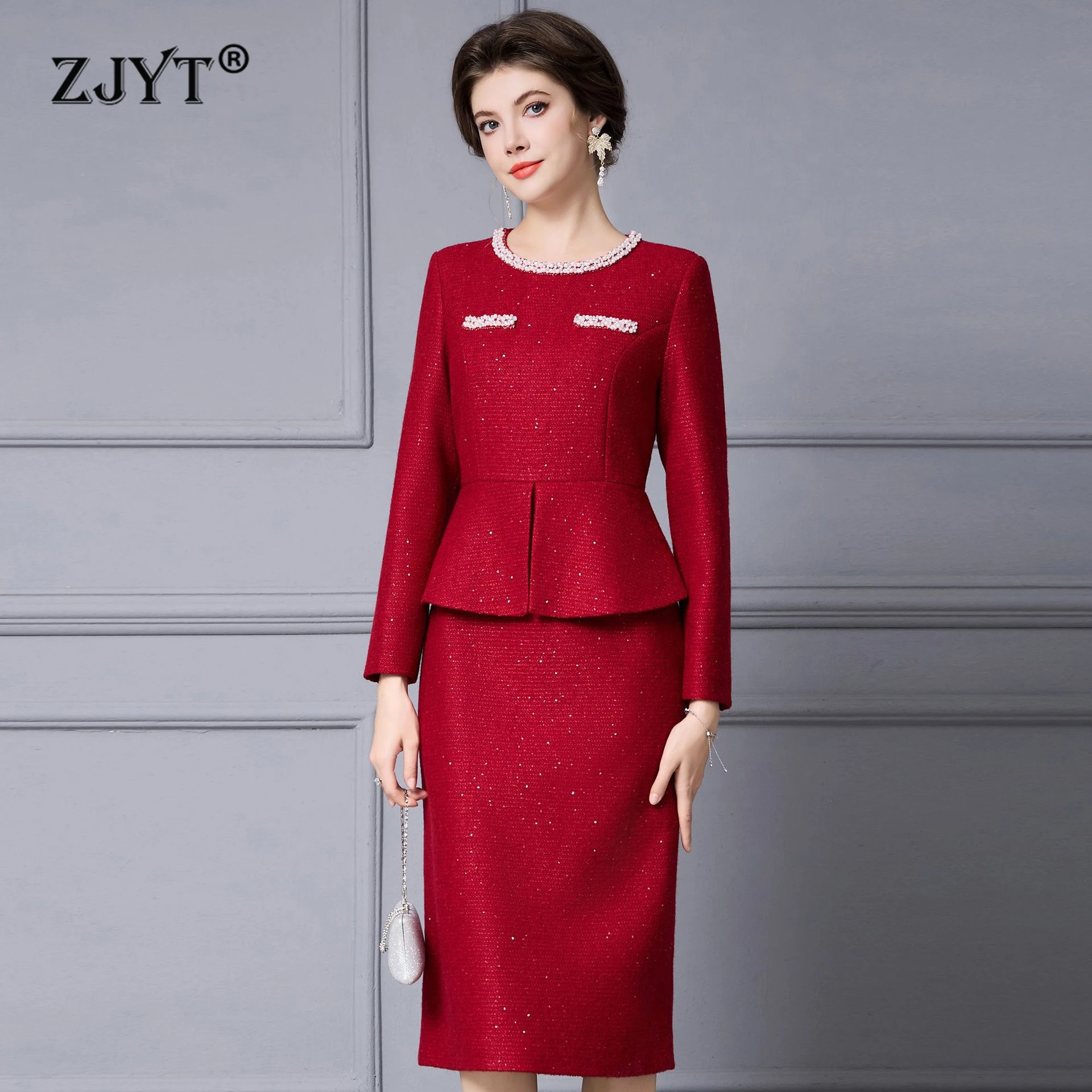 

ZJYT осень-зима жемчужное красное твидовое шерстяное платье для женщин с длинным рукавом элегантное лоскутное платье с оборками для свадебной вечеринки Vestidos