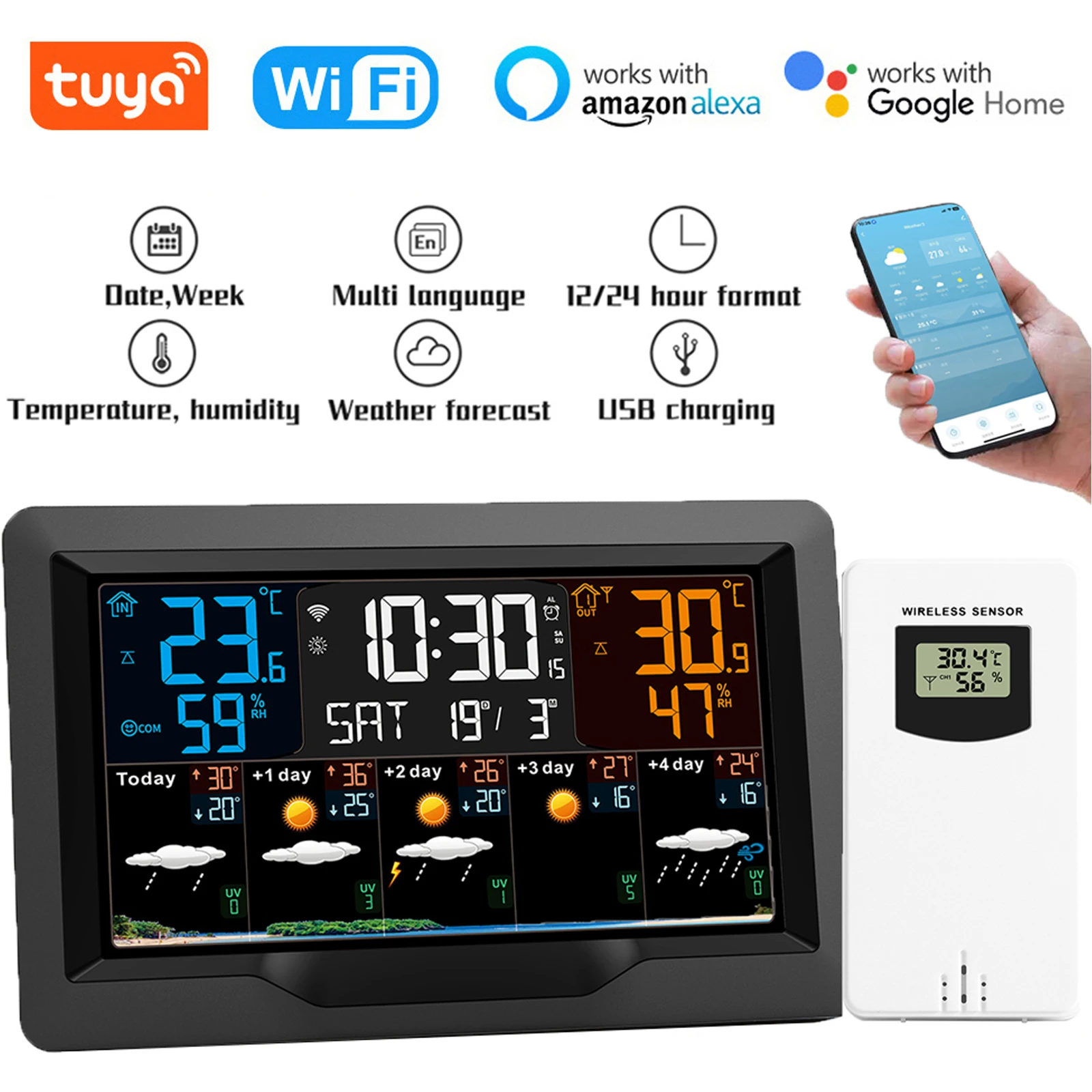 Tuya WIFI inteligentna stacja pogodowa miernik temperatury i wilgotności prognoza pogody kryty odkryty wielofunkcyjny budzik pogodowy