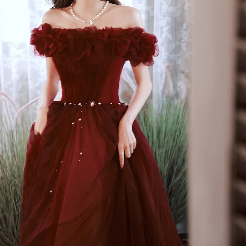 It\'s Yiiya Evening Dresses Burgundy Tulle Off the Shoulder Short Sleeve A-Line Floor-length Plus size Women Party Formal Gowns