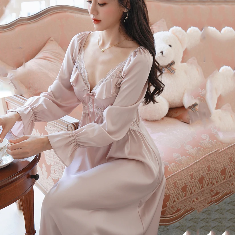 

Female Long Nightgown Sweet French Palace Style Princess Nightdress Sleepwear Spring Summer Silk Satin Bathrobe Loose Home Wear