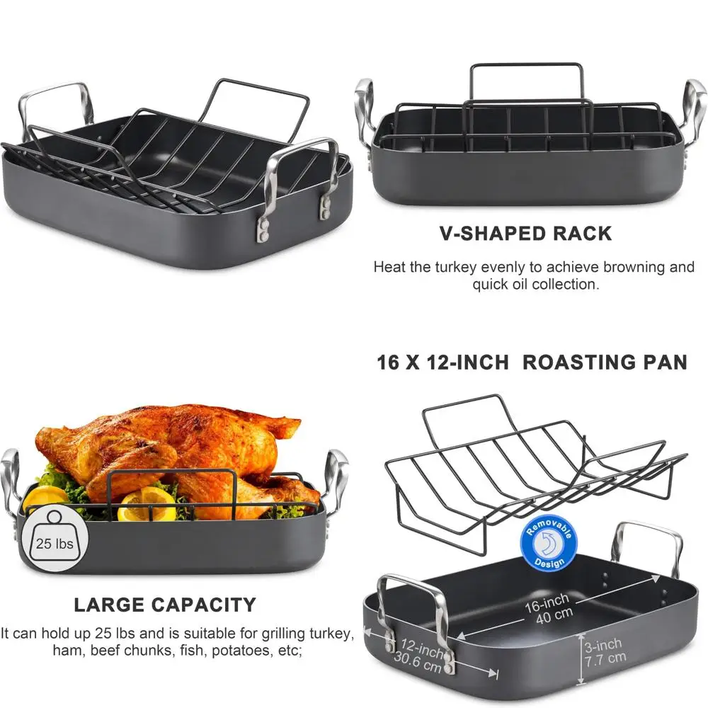 

Standard Turkey Roasting Pan with Rack, Hard Anodized Nonstick 16-Inch x 12-Inch, Multi-Purpose Grill Pan for Chicken and Ham