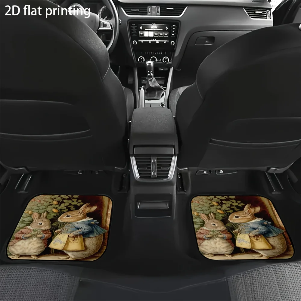 4pcs Car Floor Mats, Retro Style Rabbit Costume Pattern Universal Fit Material Interior Accessories For Front And Rear Seat Deco