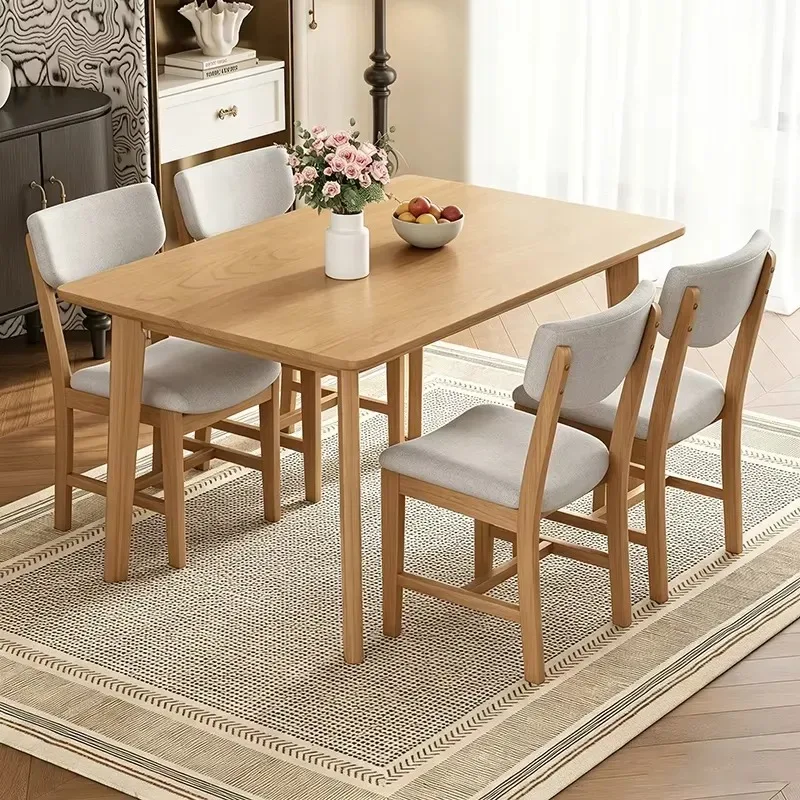 Modern Solid Wood Dining Table Set with 4 Upholstered Chairs Light Oak Rectangular Kitchen Table for Household Use