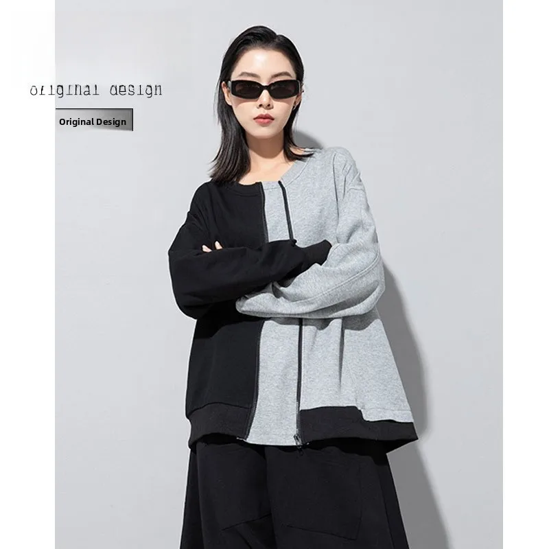 

American Sle Color Blo round Ne Hoodie Women's Autumn Winter Loose Casual Zipper Splicing Overhead irt Street Trend