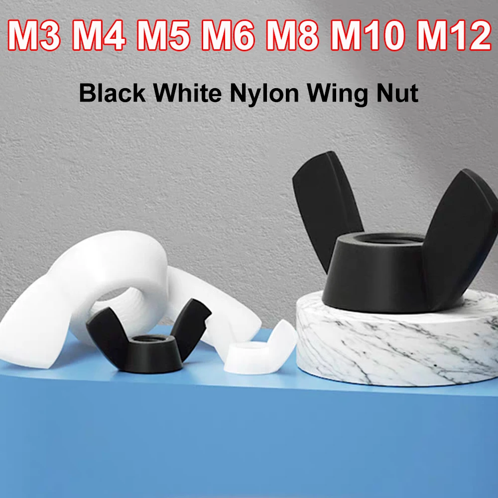 White Black Nylon Wing Nut M3 M4 M5 M6 M8 M10 M12 Hand Tighten Thumbnut Butterfly Nut Insulation Plastic Thumb Nut 10-100Pcs