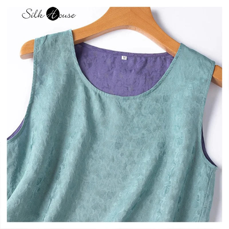 Double Sided Luxury 100% Natural Mulberry Silk Breathable Jacquard Sleeveless Summer Round Neck Casual Cool Vest