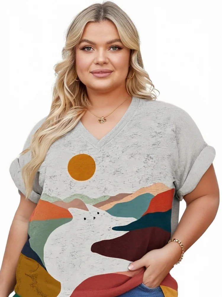 

Модные футболки 5XL для летнего отдыха, повседневные женские футболки с забавным принтом кошки, V-образный вырез, большие размеры, 3D-печать, короткий рукав, туники