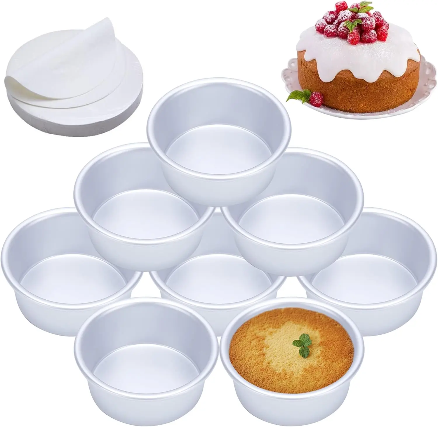 

4 Inch Cake Pan Set of 8 with 100 Parchment Papers, Anodized Aluminum, Non Toxic, Leakproof, Easy Release