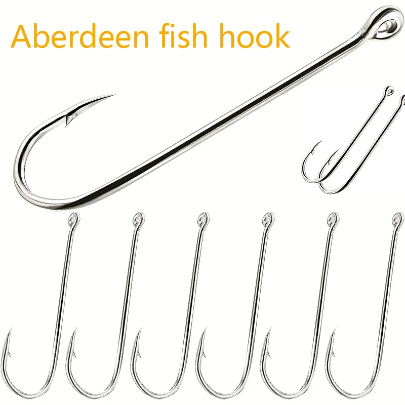 50 pieces/box Aberdeen extended straight handle fish hooks, carbon stainless steel fish hooks for freshwater and saltwater use