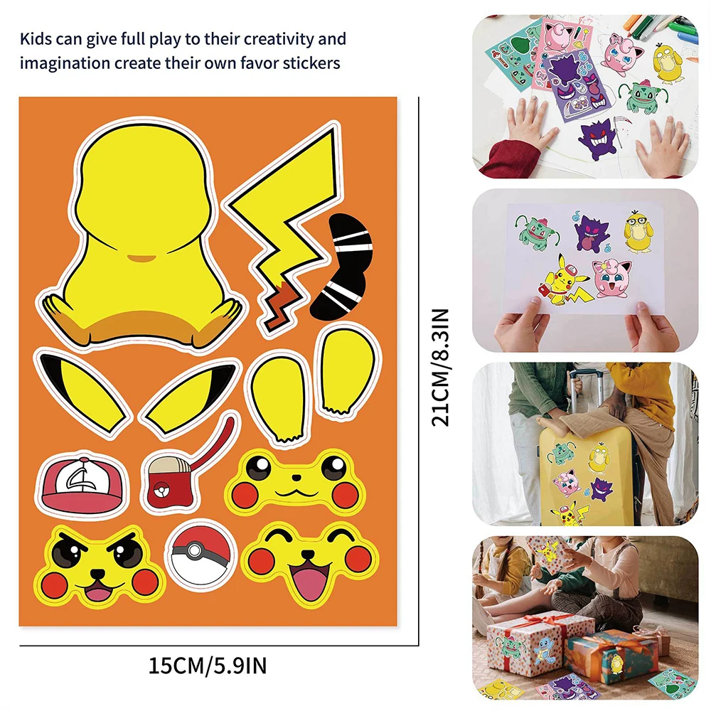 8/16 feuilles dessin animé drôle Puzzle Pokemon autocollants faire un visage éducatif enfants cadeau créatif jouet Puzzle assembler décalcomanies travaux manuels