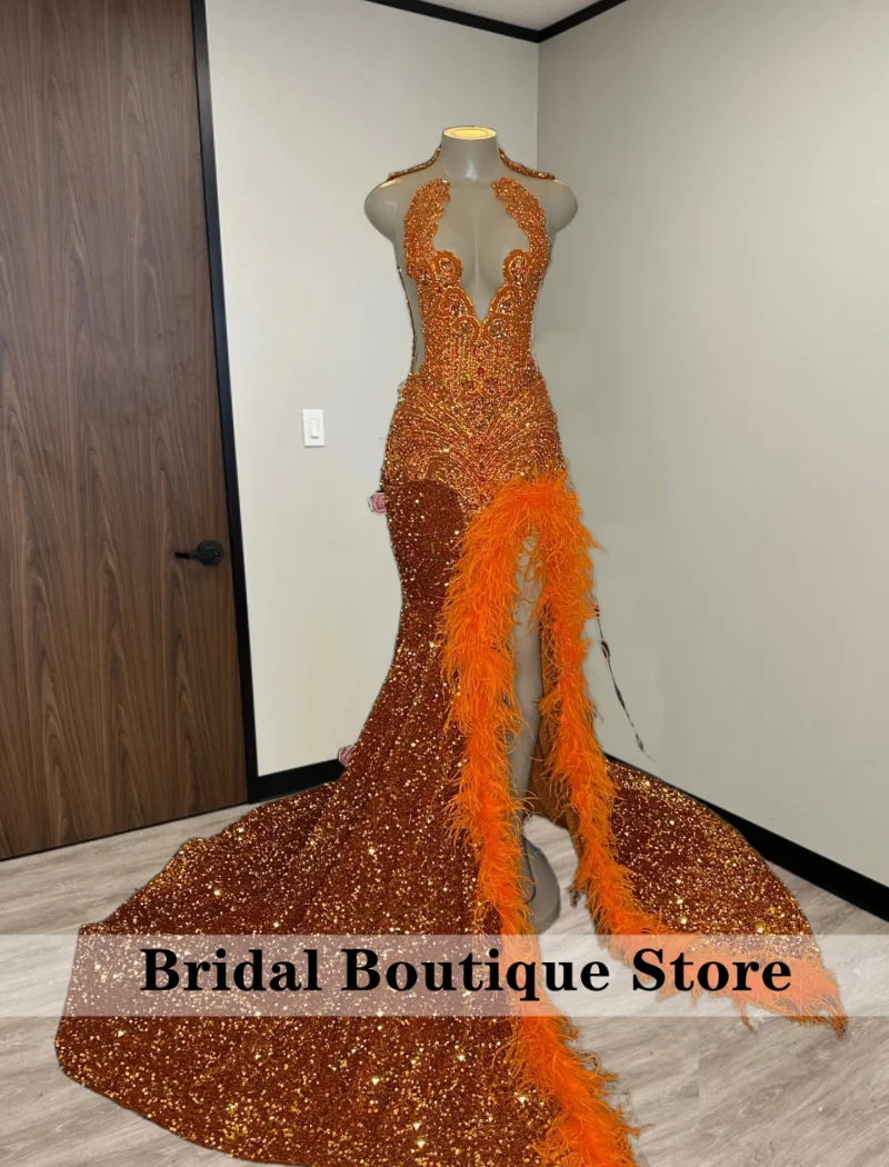 

Orange Diamonds Long Mermaid Prom Dress For Black Girls Crystal Evening Party Dress Formal Feathers Birthday Party Customized
