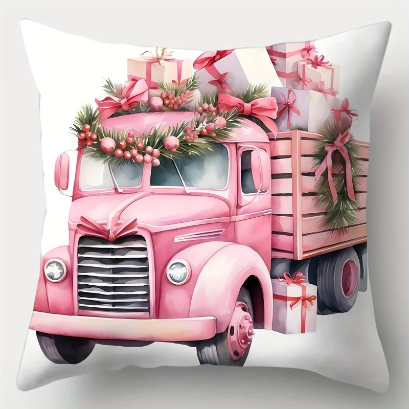 Christmas Throw Pillow Cover Pink Series With Tree Car Santa & Snowman Designs Single-Sided Print