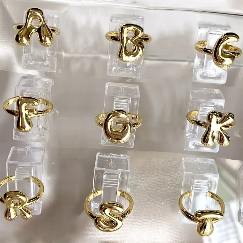 Fashion Gold Plated Chunky Letter Rings for Women Stackable Bubble Initial Open Ring A-Z Alphabet Finger Statement Jewelry