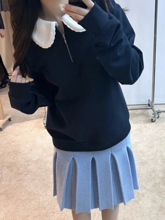 

New 25ss Shanghai Doll Collar Sweatshirt Women's Pure Color Versatile Retro Style Long Sleeve Cotton Crew Neck Pullover