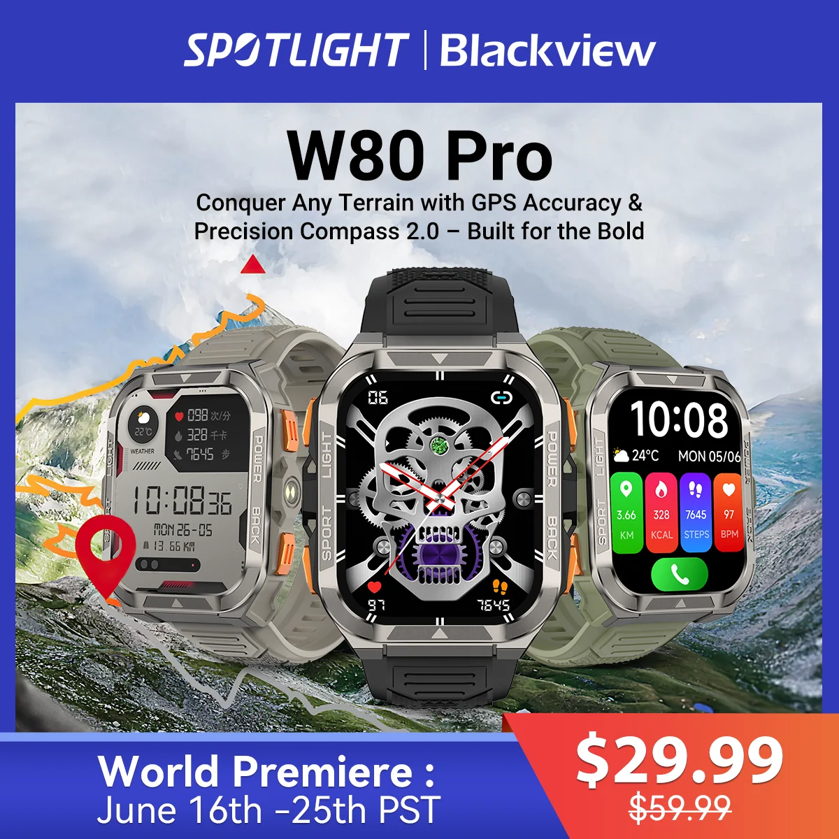 [Estreno mundial] Reloj inteligente resistente para exteriores Blackview W80 PRO, reloj inteligente con posicionamiento GPS, pantalla de 1,91 pulgadas, 900 mAh con linterna