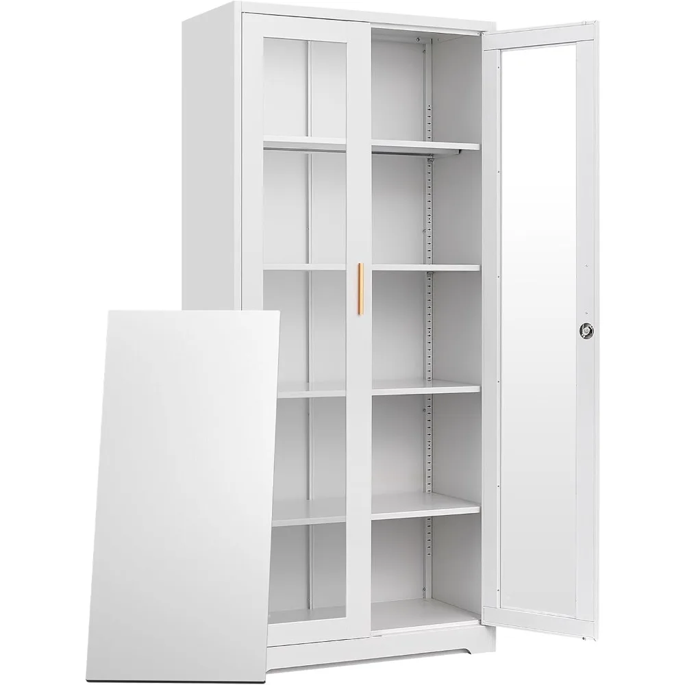 

Glass Display Cabinet with Doors - White Metal Curio Cabinet with Lock Collectibles Storage Cabinet