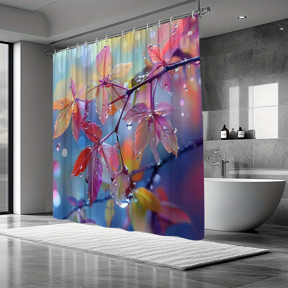 ستارة دش بأوراق الندى النابضة بالحياة - فن طبيعي ملون لديكور الحمام الحديث، تصميم مقاوم للماء وسهل العناية #4