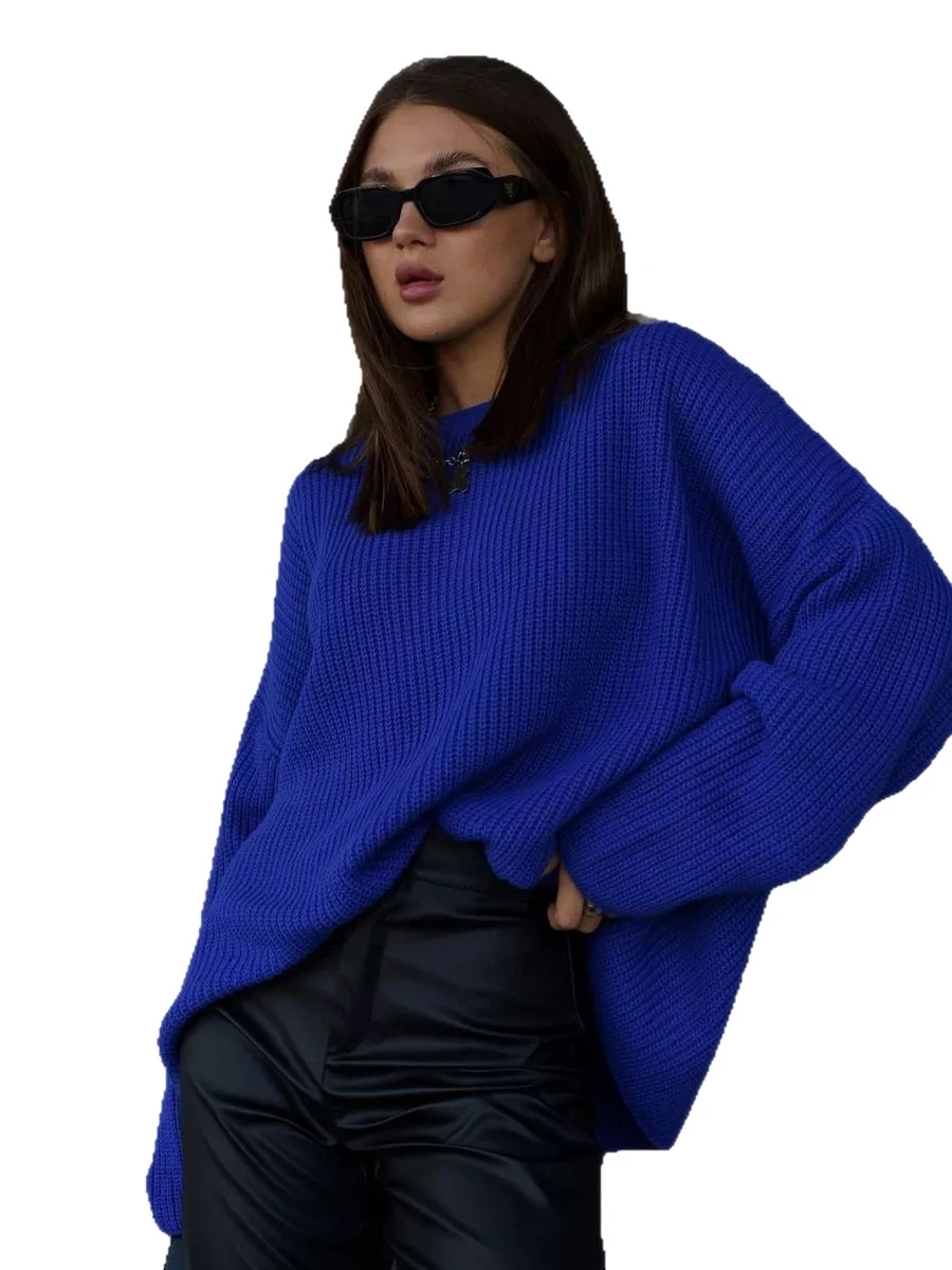 Lockerer Strickpullover rund Ne Color Frühling Herbst Damen Long Sve Lantern Sve Bequeme Passform Strickoberteil