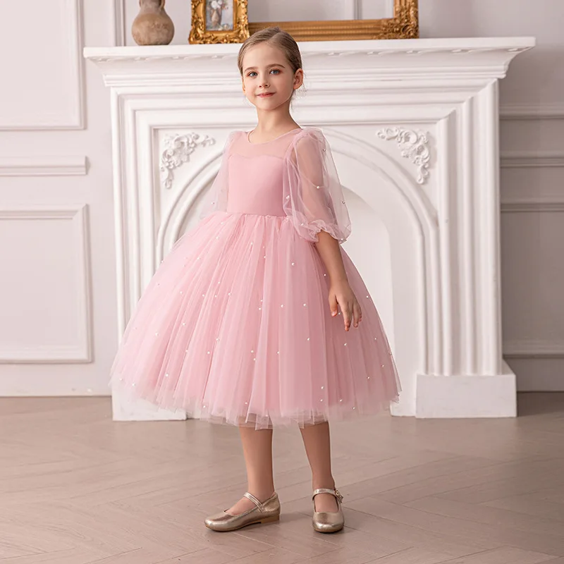 Girls Party Dress Kids Pearls Elegant Princess Dress Girls Backless Bow Baby Girl 1st Birthday Baptism Tutu Gown Wedding Party