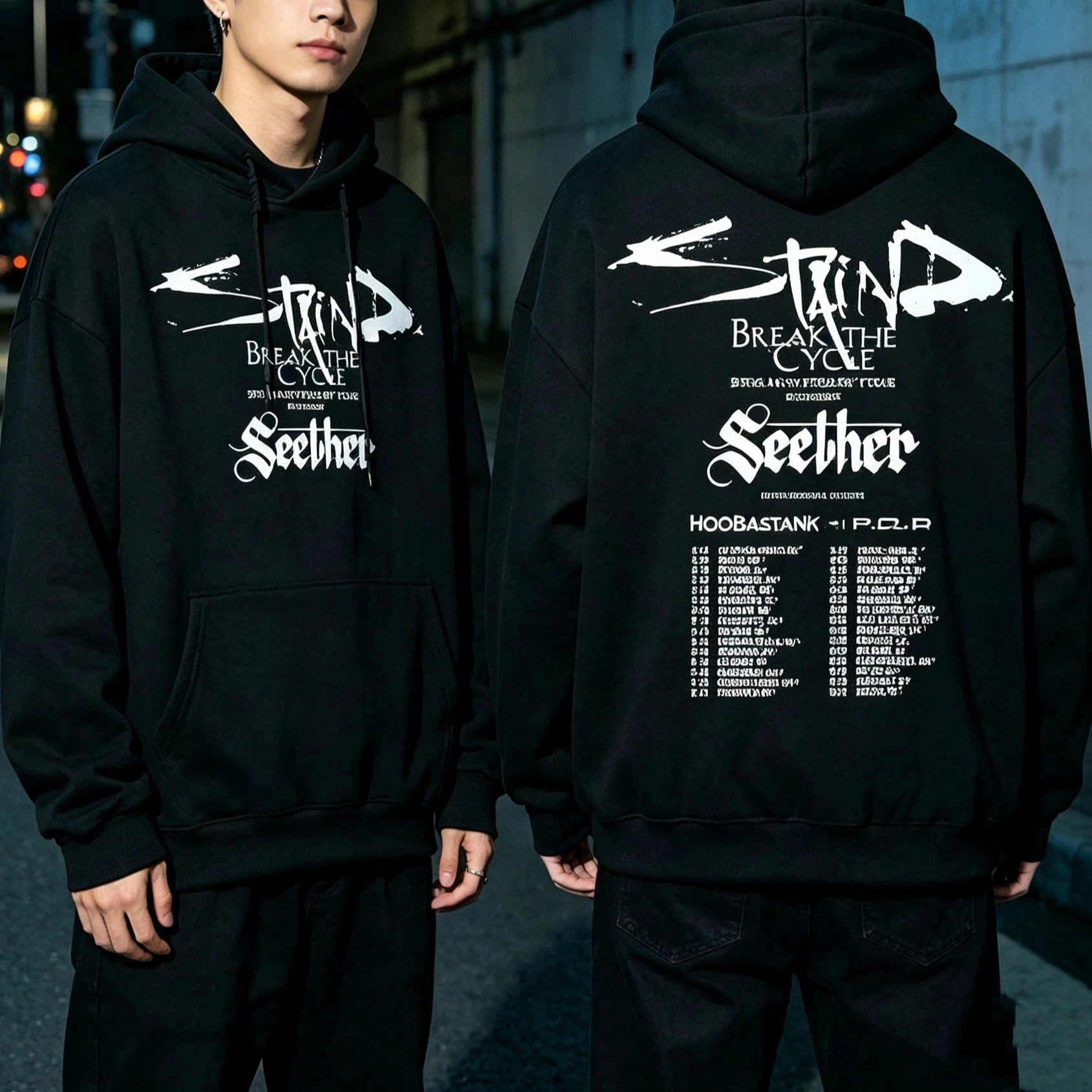 Staind Seether Break The Cycle Tour Double Sided Hoodie Grunge Rock Band Graphic Hooded Sweatshirt Music Fan Streetwear for Men