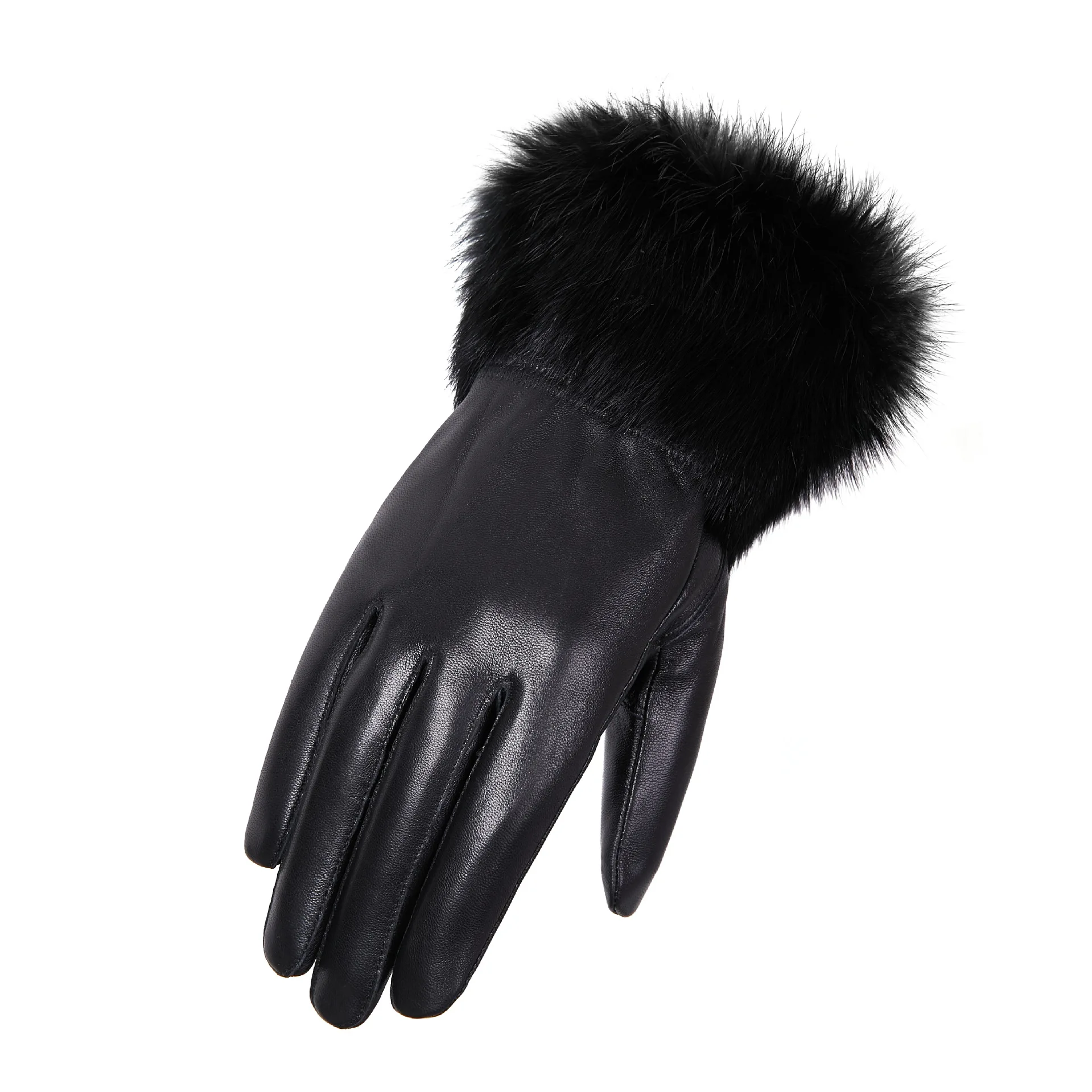 Natrual Fur ! Women's  Black Genuine Leather Rabbit Fur Glove Female Thicken Warm Sheepskin Leather Glove TB041