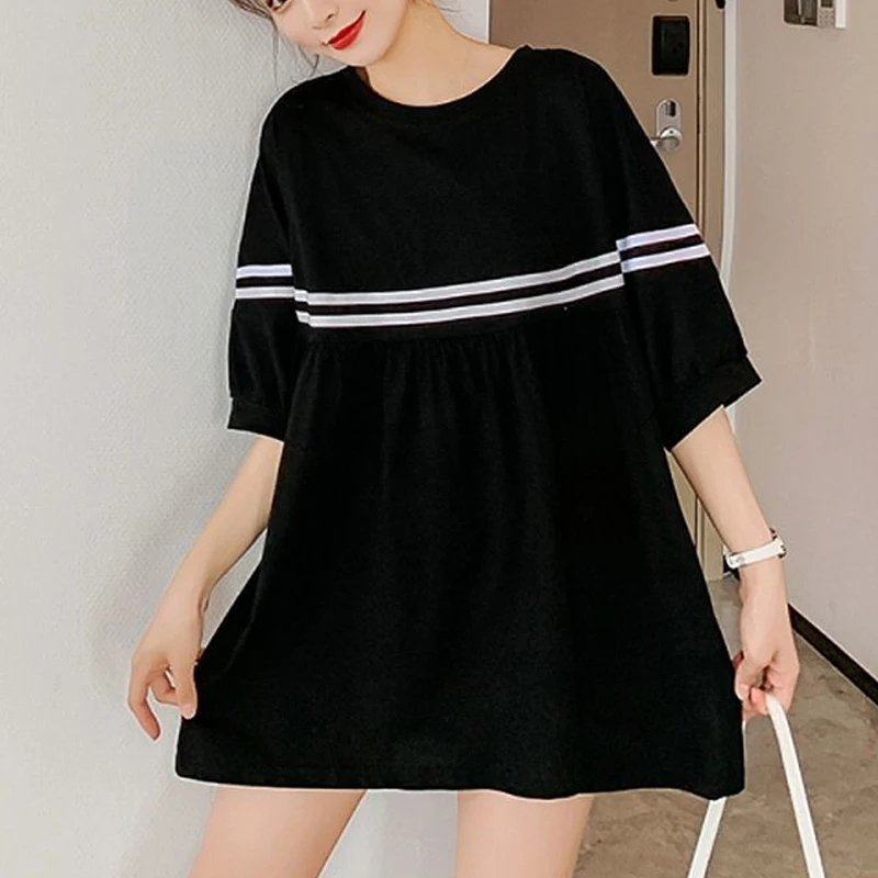 

Summer New Loose Striped Printing T Shirts O-neck Short Sleeve Solid Color Pleated Trend Tops Tees Fashion Casual Women Clothing