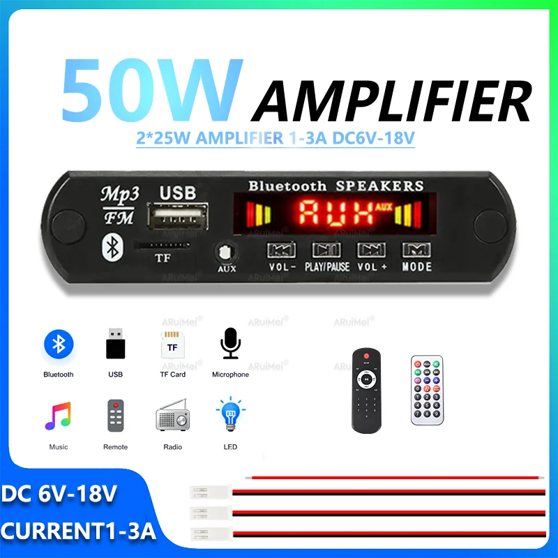 Hi-Fi 2x25W Audio Amplifier DC6-18V 1-3A Mini Stereo AMP with Remote Control Power Cord Speaker Wire Black Plastic Case