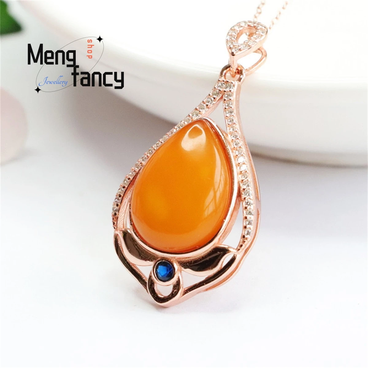 Natural S925 Silver Inlaid Honey Wax Amber Water Drop Blue Treasure Necklace Simple Personalized Retro Versatile Fashion Jewelry