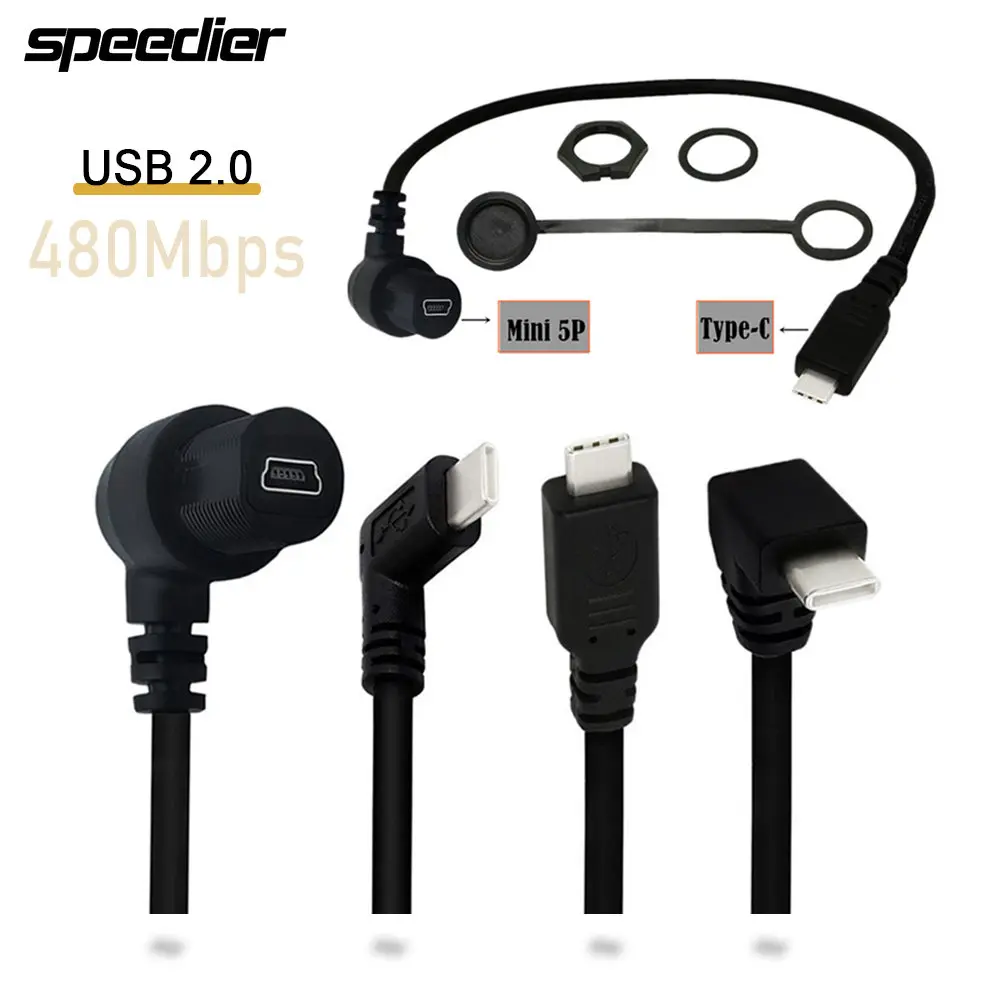 

USB 2.0 Type-c Male 90 Degree Angled To USB 2.0 Mini 5Pin Female OTG Data Charging AUX Flush Panel Mount Waterproof Cable 30cm