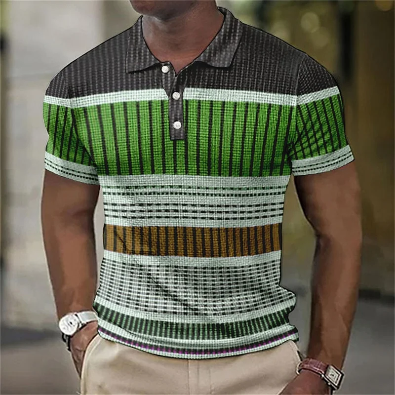 3D Printed Vintage Polo Shirt For Men Color Block Stripes Pattern T-Shirt Summer Casual Oversized Tees Short Sleeves Lapel Tops