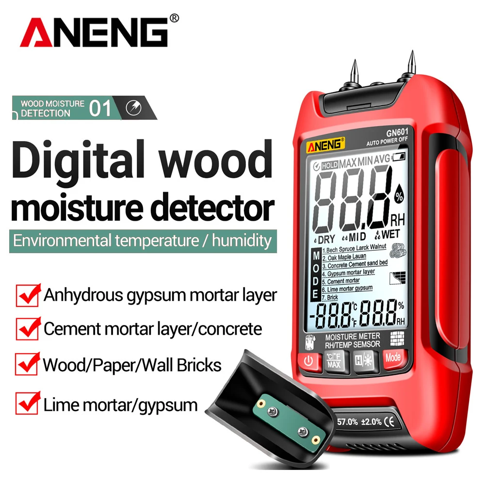 ANENG GN601 Probe Wood Moisture Detector 0~99.9% Timber Hygrometer 20.5% RH Display Digital Backlight Temperature Humidity Meter