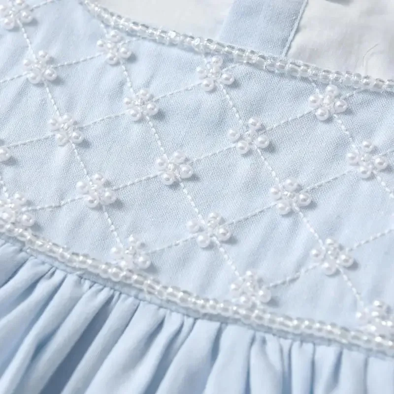 Baby Girl Princess Cotton Bow Pearl Dress Infant Toddler Child Ruffled Spanish Blue Vestido Birthday Party Baby Clothes 18M-7Y