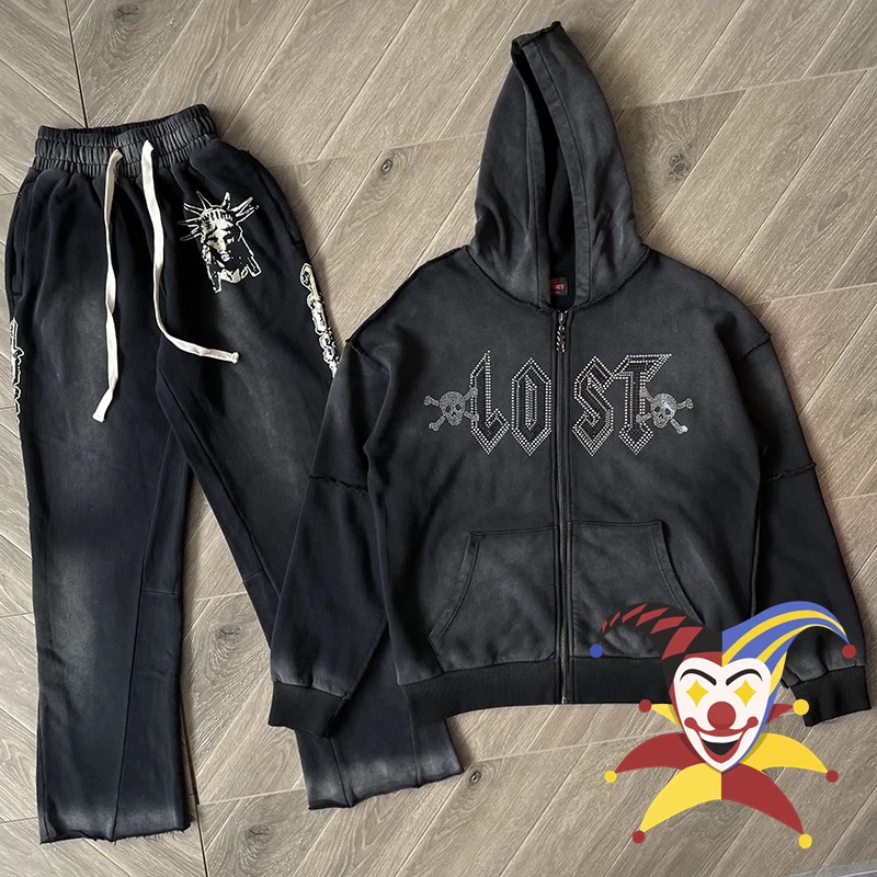 

Black Lost intricacy Lavender Sweatpants Men Women Top Quality Rhinestone Diamond Inlaid Skull Logo Jogger Drawstring Pants