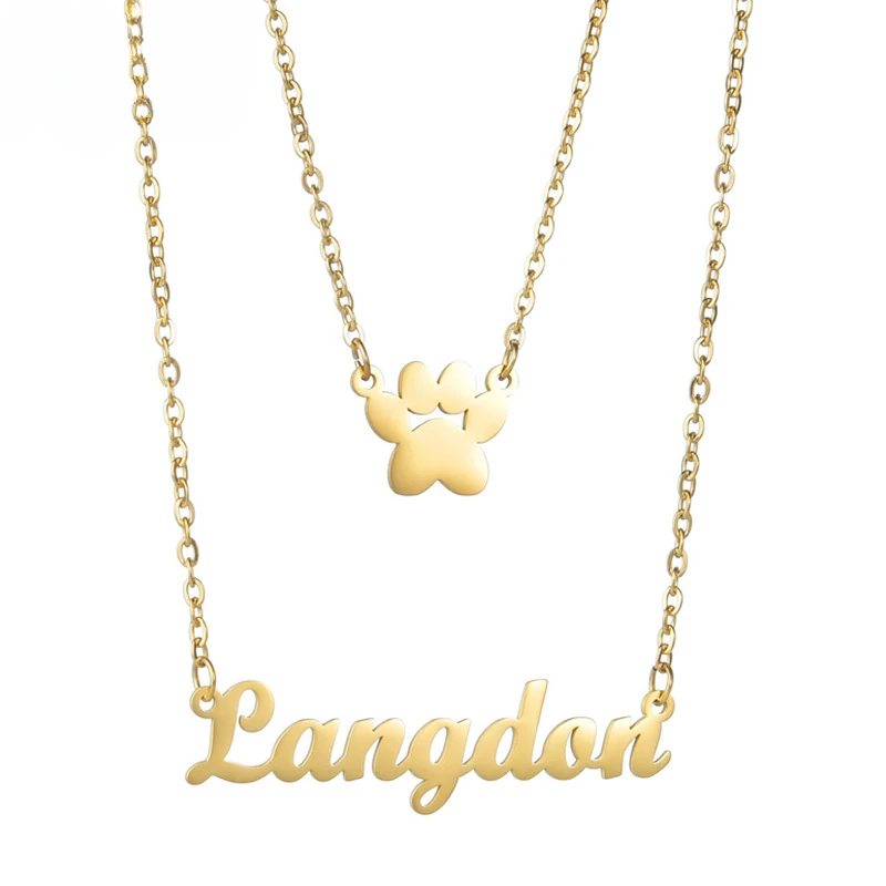 Collar personalizado con nombre DIY europeo americano, colgante con estampado de pata y letra hueca, collar de acero inoxidable, joyería para mujer, triangulación de envíos