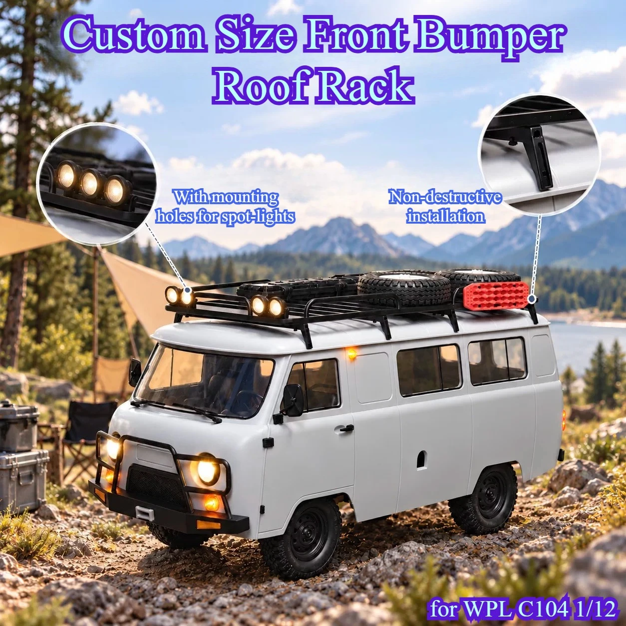 Custom Size Front Bumper Roof Rack Upgrade Cosmetic Mod Parts Non Destructive Installation  for WPL C104 1/12 RC Car Accessories