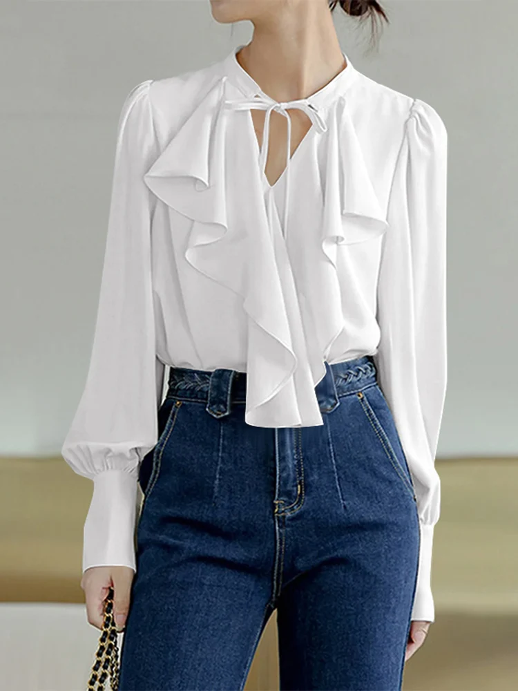 

Плюс размер 5XL VONDA, элегантная блузка с длинными рукавами, повседневные однотонные рубашки на шнуровке с рюшами, 2025 г., богемные топы с v-образным вырезом, Blusas