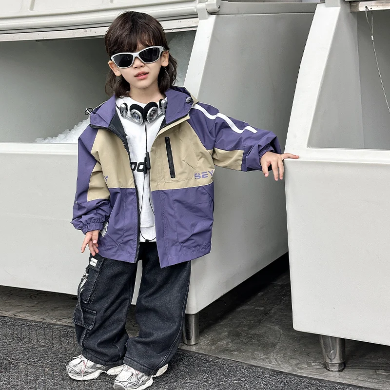 Hip Hop Streetwear Jacket Boys Autumn Windbreaker Korean Color Block Parchwork Track Jacket Children's Clothes Loose jacket 2024