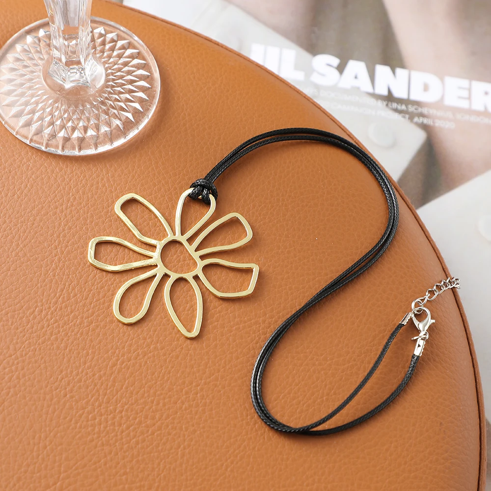 Vintage Bohemian Large Hollow Flowers Charms Pendant Necklace With Black Faux Suede Cord Long Necklace Handmade Jewelry image 3
