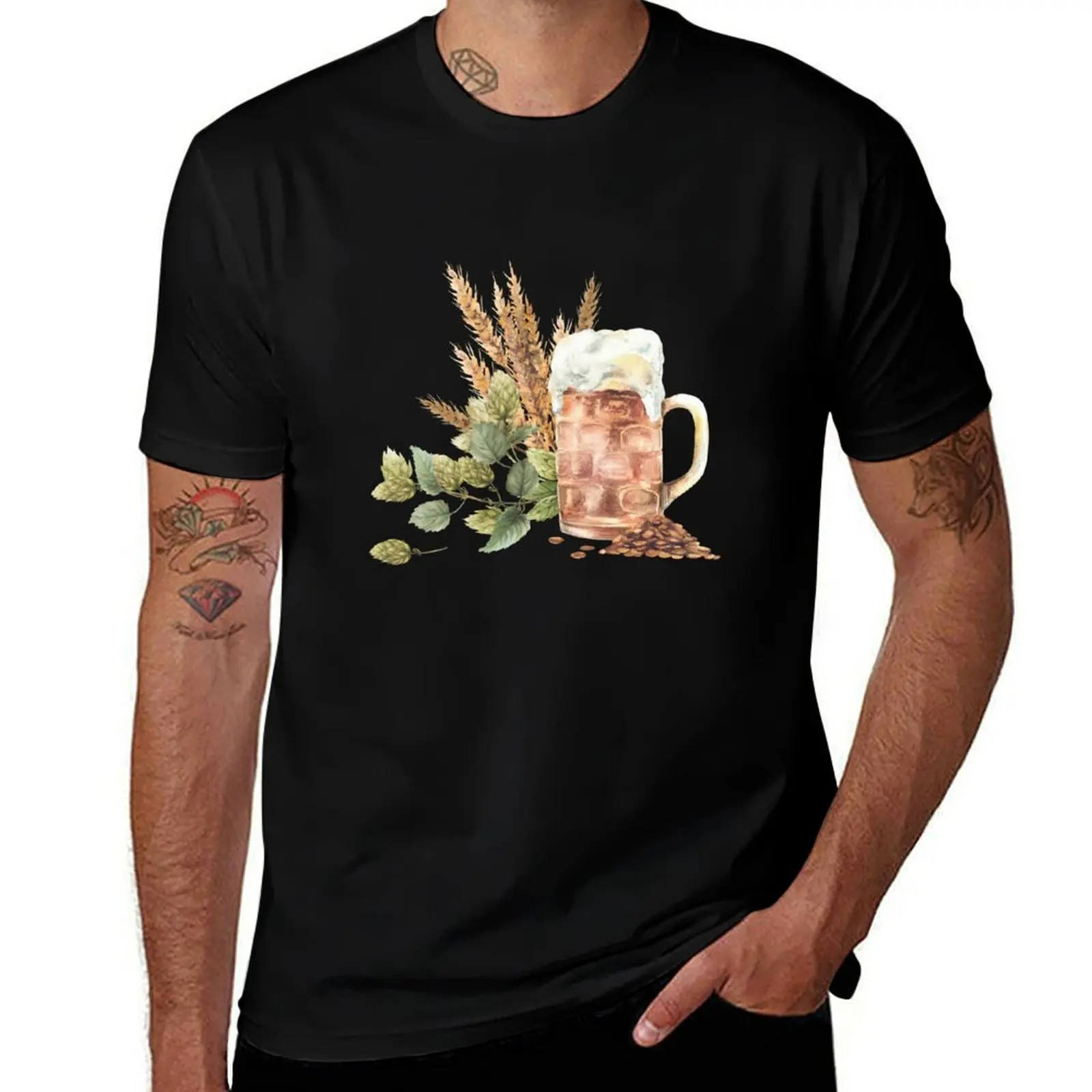 

Beer mug with green hops branch, heap of malt with malt spike, ears. Watercolor brewing T-Shirt sweat T-shirts for men cotton