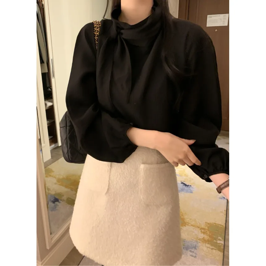 Schickes Damen-Chiffon-Oberteil mit langem Sve-Design und hohem Kragen, Sensation Sa, Frühling, Sommer, Herbst, faionable irt Drifting Belt