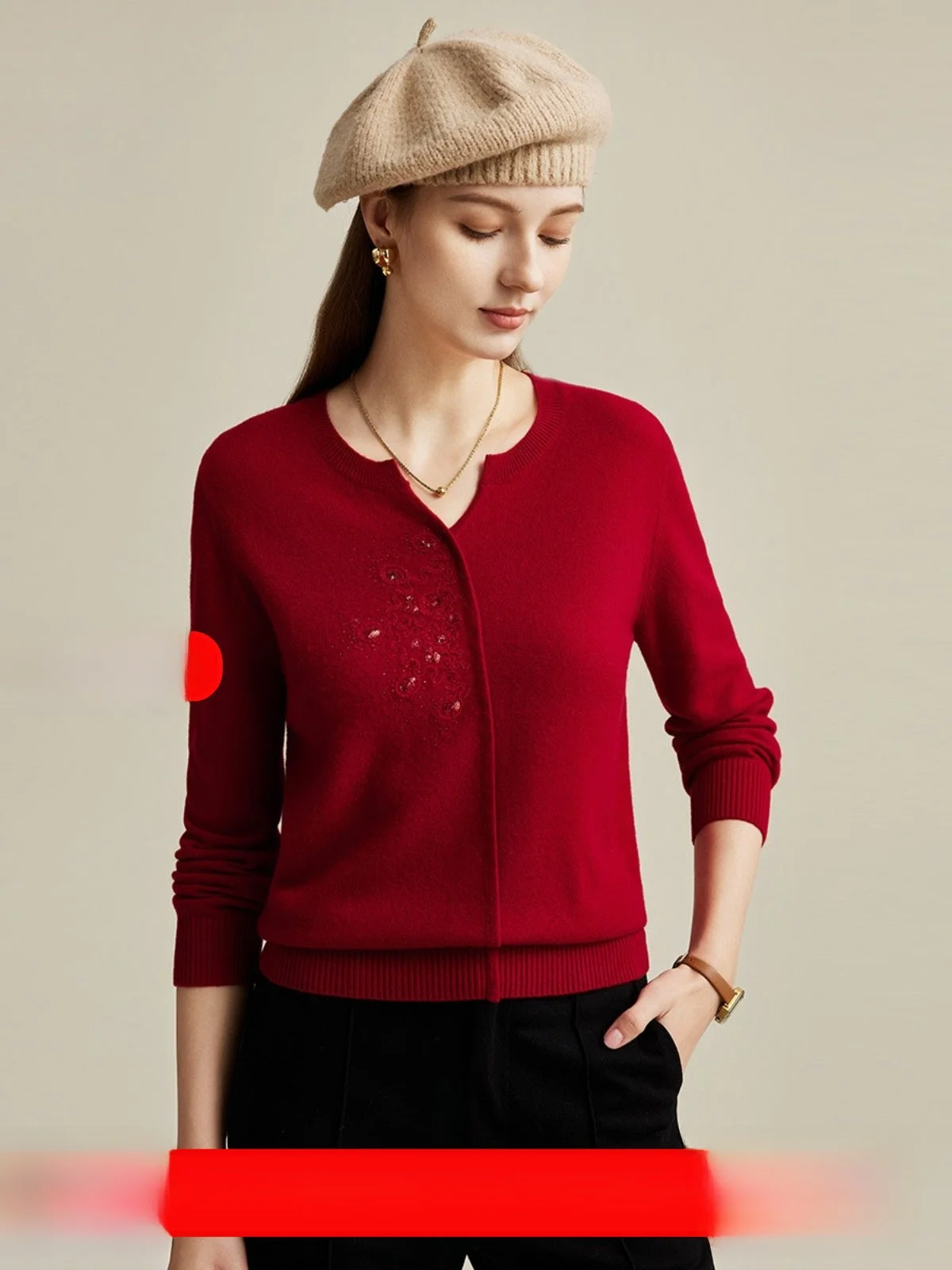 

Женский вязаный свитер Mao Jun из 100% шерсти с длинным рукавом и круглым вырезом, с вышивкой, однотонный, осенне-зимняя новинка, модная вязаная одежда